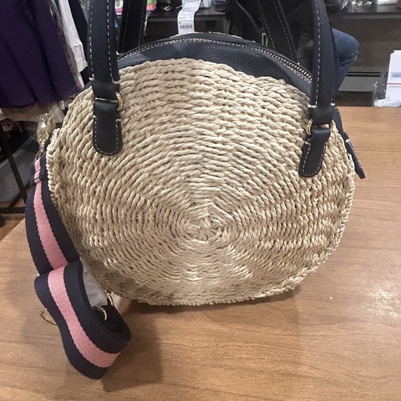 Talbots Handbags - Talbots Backpack Bag Womens Medium Beige Straw Navy Faux Leather Beach Purse